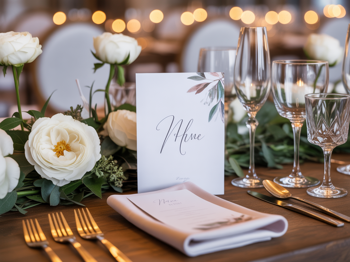 Wedding reception table with menus and place cards